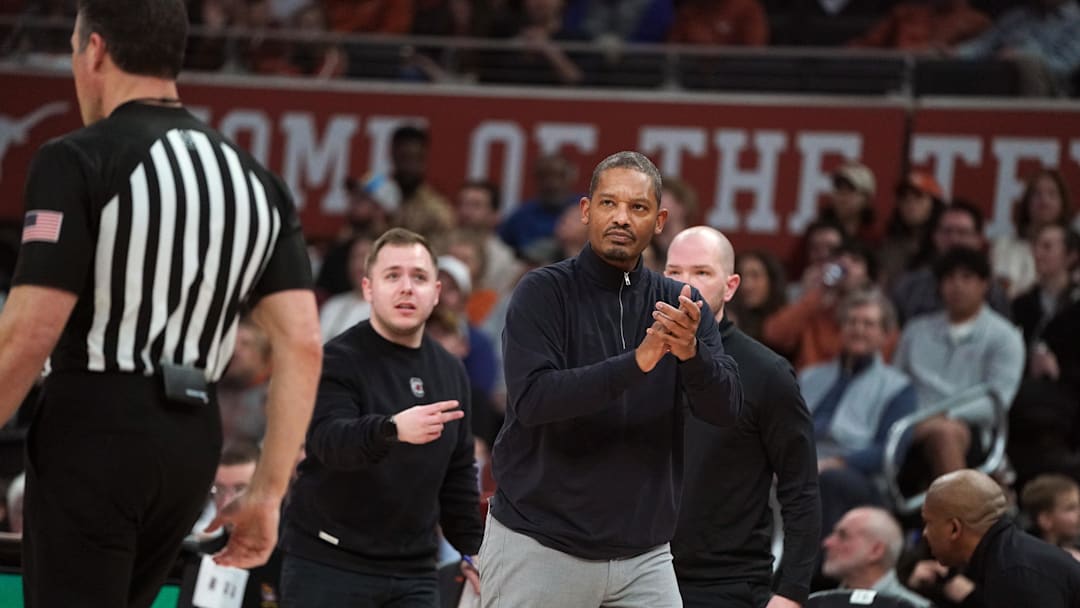 Feb 3, 2026; Austin, Texas, USA; South Carolina Gamecocks head coach Lamont Paris reacts to a referee call during the first half against the Texas Longhorns at Moody Center. Mandatory Credit: Dustin Safranek-Imagn Images