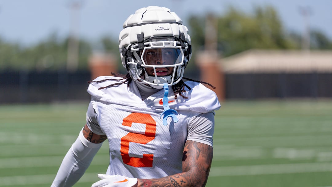Korie Black (2) runs drills during an Oklahoma State football practice in Stillwater, Okla., on Wednesday, July 31, 2024.