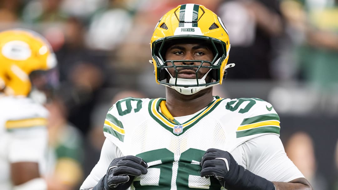 Oct 19, 2025; Glendale, Arizona, USA; Green Bay Packers defensive lineman Colby Wooden (96) against the Arizona Cardinals at State Farm Stadium. Mandatory Credit: Mark J. Rebilas-Imagn Images