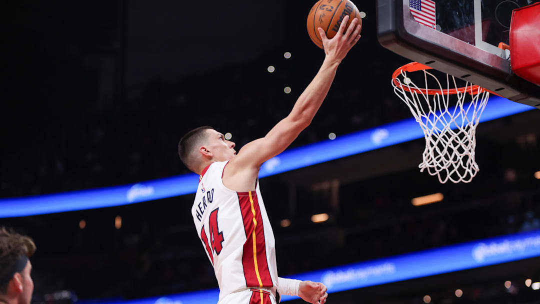 Feb 20, 2026; Atlanta, Georgia, USA; Miami Heat guard Tyler Herro (14) shoots against the Atlanta Hawks in the first quarter at State Farm Arena. Mandatory Credit: Brett Davis-Imagn Images
Feb 20, 2026; Atlanta, Georgia, USA; Miami Heat guard Tyler Herro (14) shoots against the Atlanta Hawks in the first quarter at State Farm Arena. Mandatory Credit: Brett Davis-Imagn Images