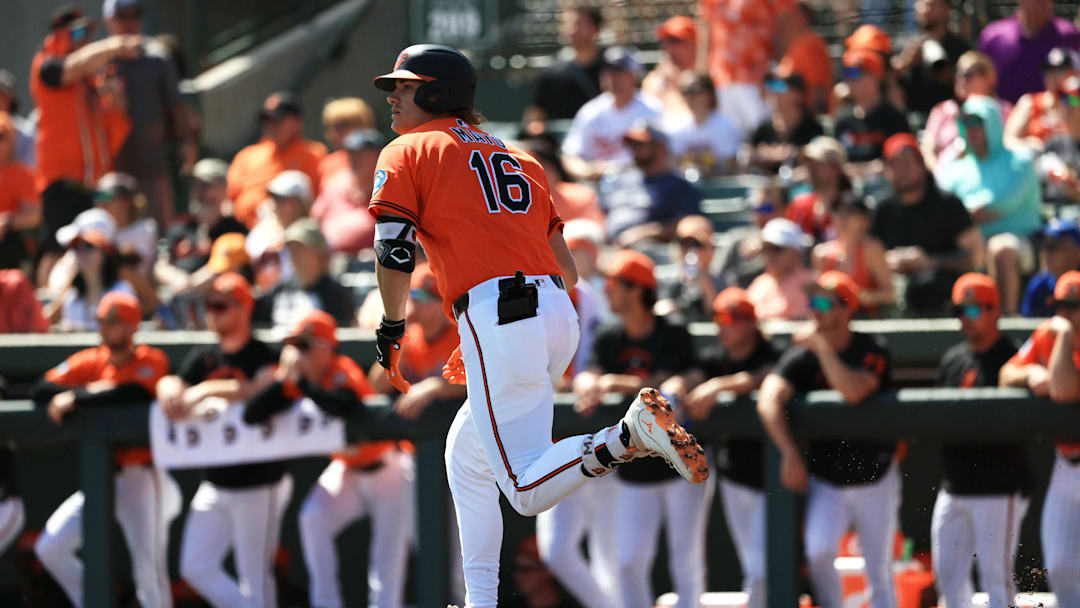 Feb 28, 2026; Sarasota, Florida, USA; Baltimore Orioles infielder Coby Mayo (16) hits a sacrifice RBI during the second inning against the Atlanta Braves  at Ed Smith Stadium. Mandatory Credit: Kim Klement Neitzel-Imagn Images