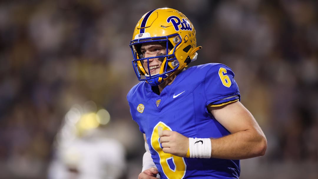 Nov 22, 2025; Atlanta, Georgia, USA; Pittsburgh Panthers quarterback Mason Heintschel (6) reacts after a touchdown against the Georgia Tech Yellow Jackets in the second quarter at Bobby Dodd Stadium at Hyundai Field. Mandatory Credit: Brett Davis-Imagn Images