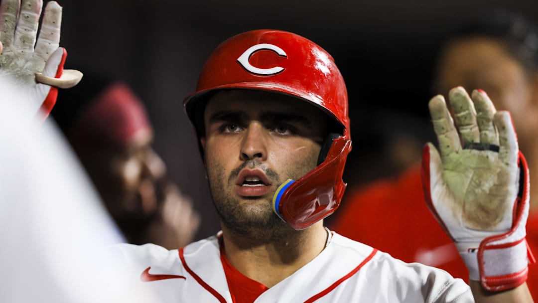 Mar 31, 2026; Cincinnati, Ohio, USA; Cincinnati Reds first baseman Sal Stewart (27) high fives teammates after hitting a solo home run in the eighth inning against the Pittsburgh Pirates at Great American Ball Park. Mandatory Credit: Katie Stratman-Imagn Images