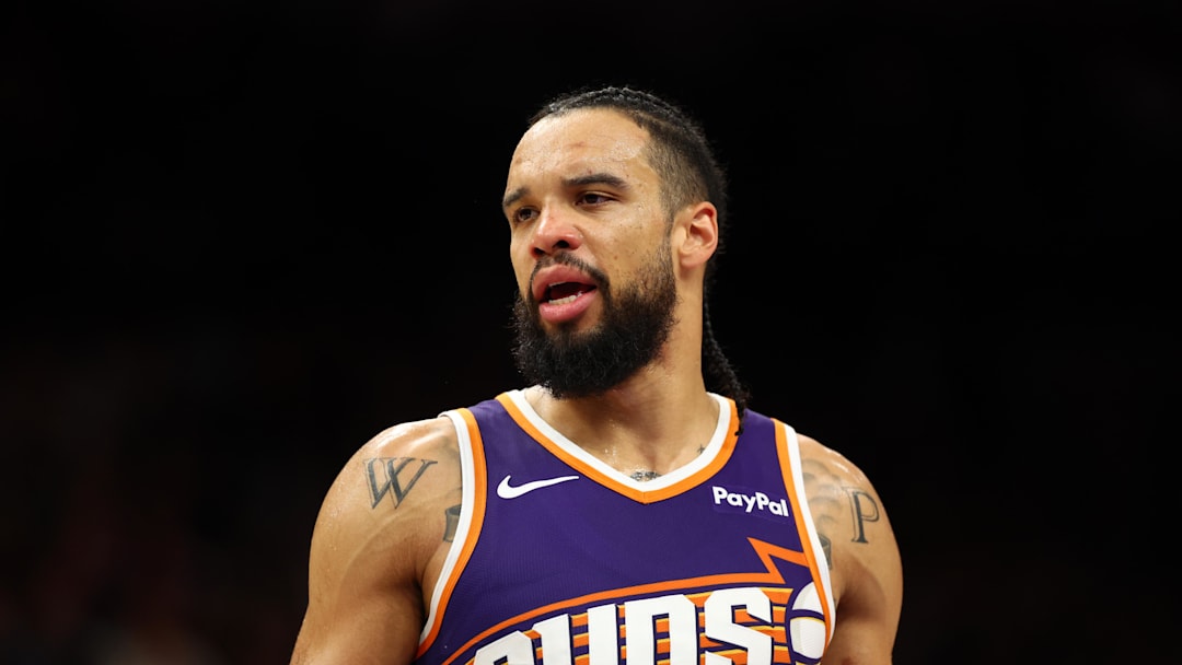Nov 29, 2025; Phoenix, Arizona, USA; Phoenix Suns forward Dillon Brooks (3) against the Denver Nuggets in the first half at the Mortgage Matchup Center. Mandatory Credit: Mark J. Rebilas-Imagn Images