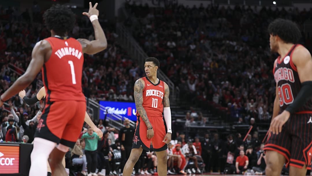 Jan 13, 2026; Houston, Texas, USA; Houston Rockets forward Jabari Smith Jr. (10) reacts after making a basket during the fourth quarter against the Chicago Bulls at Toyota Center. Mandatory Credit: Troy Taormina-Imagn Images