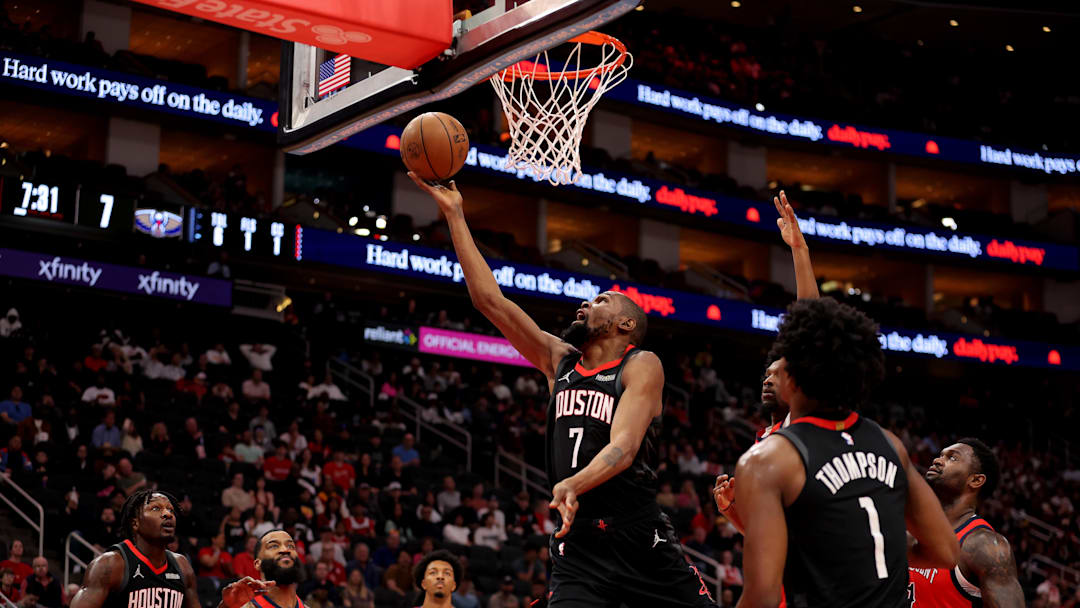 Mar 13, 2026; Houston, Texas, USA; Houston Rockets forward Kevin Durant (7) shoots inside against the New Orleans Pelicans during the first quarter at Toyota Center. Mandatory Credit: Erik Williams-Imagn Images