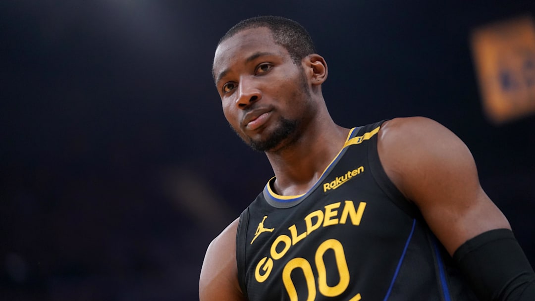 May 12, 2025; San Francisco, California, USA; Golden State Warriors forward Jonathan Kuminga (00) stands on the court before a play against the Minnesota Timberwolves in the second quarter during game four of the second round for the 2025 NBA Playoffs at Chase Center. Mandatory Credit: Cary Edmondson-Imagn Images