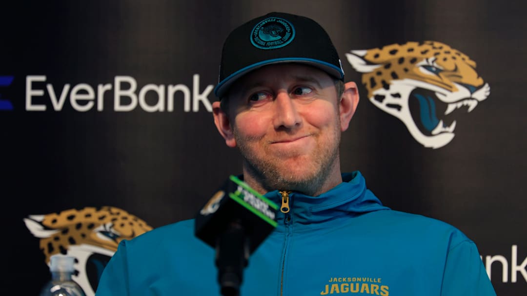 Jacksonville Jaguars head coach Liam Coen smiles during a press conference at Miller Electric Center Tuesday, April 15, 2025 in Jacksonville, Fla. [Corey Perrine/Florida Times-Union]