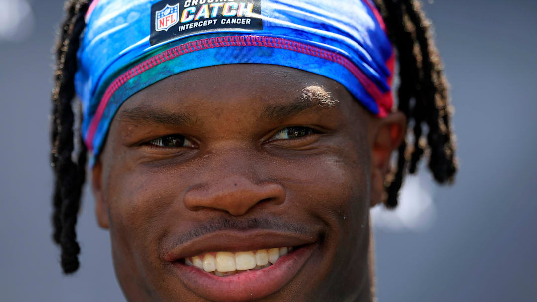Jacksonville Jaguars wide receiver Travis Hunter (12) speaks to members of the media during the second mandatory minicamp at Miller Electric Center Wednesday, June 11, 2025 in Jacksonville, Fla.