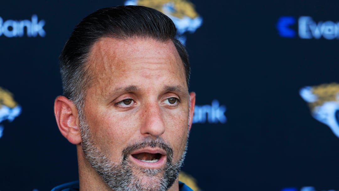 Jacksonville Jaguars defensive coordinator Anthony Campanile answers questions from the media after an NFL training camp session at the Miller Electric Center, Tuesday, July 29, 2025, in Jacksonville, Fla. 