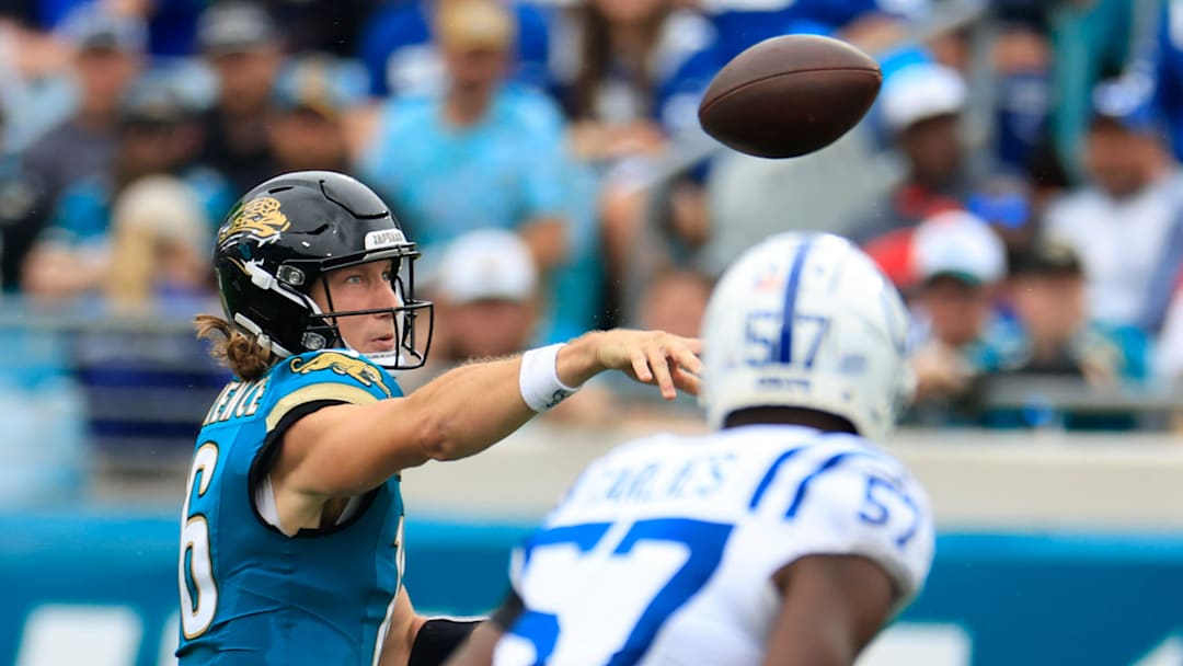 Jacksonville Jaguars quarterback Trevor Lawrence (16) passes the ball during the fourth quarter of an NFL football matchup Sunday, Oct. 6, 2024 at EverBank Stadium in Jacksonville, Fla. The Jaguars edged the Colts on a field goal 37-34. [Corey Perrine/Florida Times-Union]