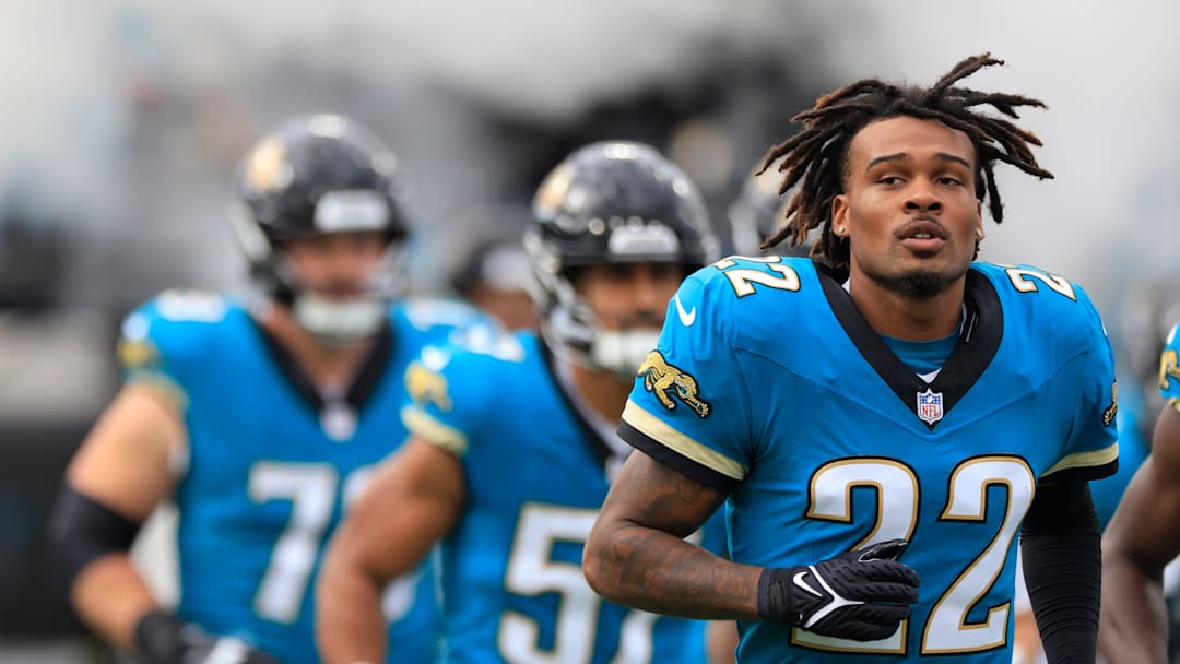 Jacksonville Jaguars cornerback Jarrian Jones (22) runs on the field before an NFL football matchup Sunday, Dec. 15, 2024 at EverBank Stadium in Jacksonville, Fla. [Corey Perrine/Florida Times-Union]