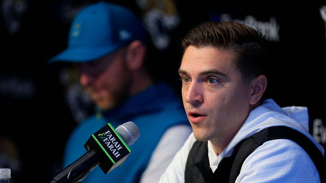 Jacksonville Jaguars general manager James Gladstone speaks during a press conference next to head coach Liam Coen at the Miller Electric Center, Wednesday, Jan. 14, 2026, in Jacksonville, Fla.