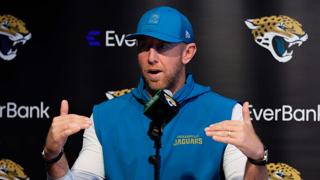 Jacksonville Jaguars head coach Liam Coen speaks during a press conference at the Miller Electric Center, Wednesday, Jan. 14, 2026, in Jacksonville, Fla.