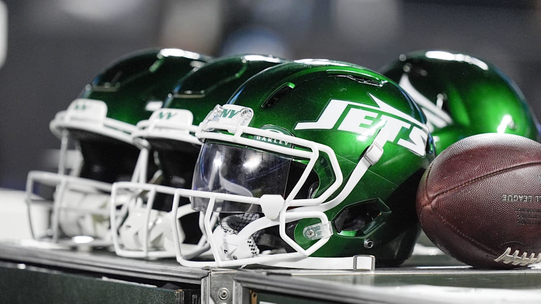 Aug 17, 2024; Charlotte, North Carolina, USA; New York Jets helmets during the second half against the Carolina Panthers at Bank of America Stadium. Mandatory Credit: Jim Dedmon-Imagn Images