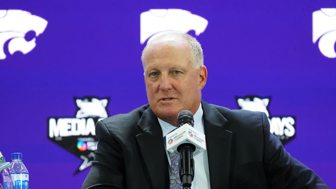 Jul 8, 2025; Frisco, TX, USA; Kansas State head coach Chris Klieman addresses the media during 2025 Big 12 Football Media Days at The Star. Mandatory Credit: Raymond Carlin III-Imagn Images