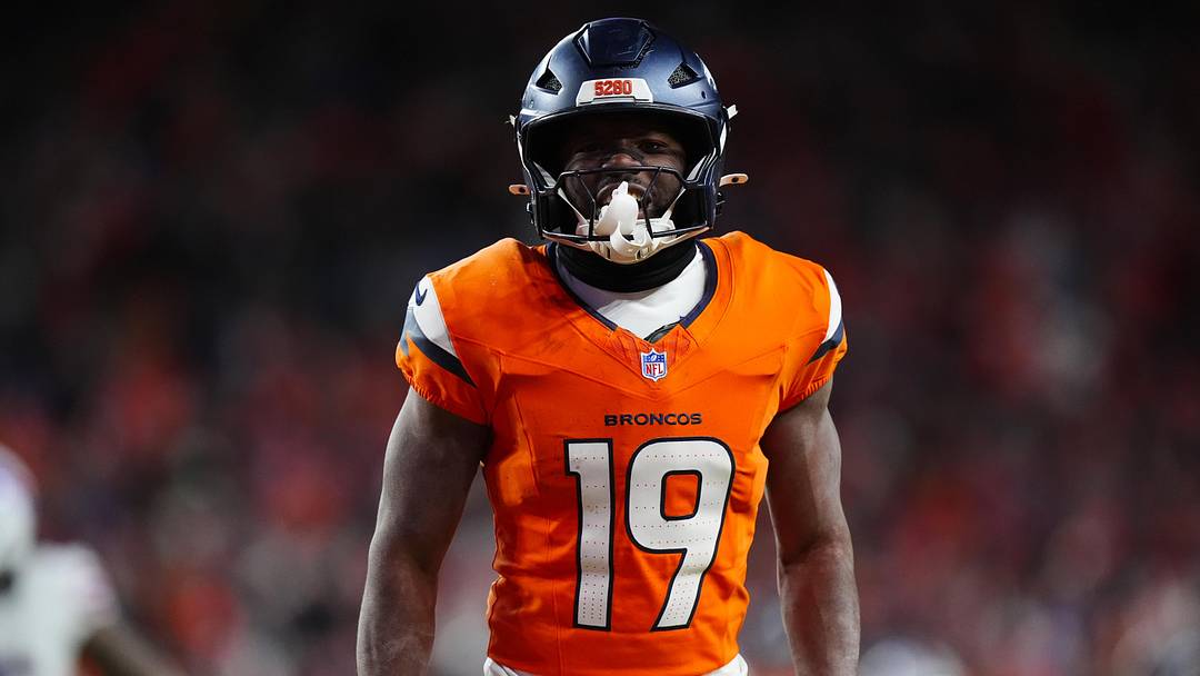 Jan 17, 2026; Denver, CO, USA; Denver Broncos wide receiver Marvin Mims Jr. (19) reacts after a play during overtime of an AFC Divisional Round playoff game against the Buffalo Bills at Empower Field at Mile High. Mandatory Credit: Ron Chenoy-Imagn Images Jan 17, 2026; Denver, CO, USA; Denver Broncos wide receiver Marvin Mims Jr. (19) reacts after a play during overtime of an AFC Divisional Round playoff game against the Buffalo Bills at Empower Field at Mile High. Mandatory Credit: Ron Chenoy-Imagn Images