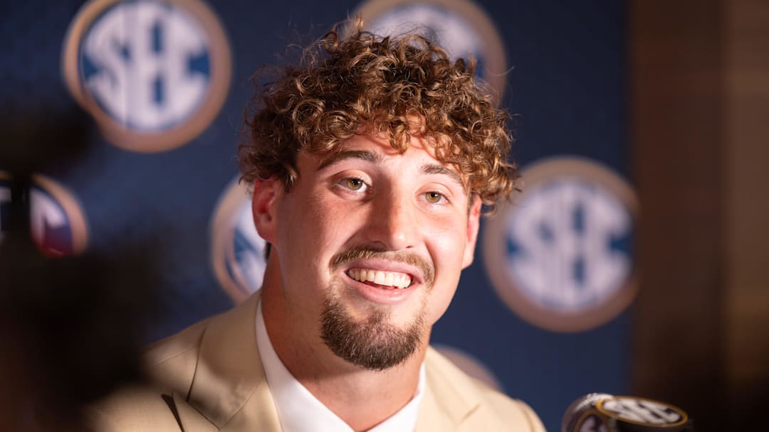 Jul 16, 2024; Dallas, TX, USA; Oklahoma linebacker Danny Stutsman speaking at Omni Dallas Hotel. Mandatory Credit: Brett Patzke-USA TODAY Sports