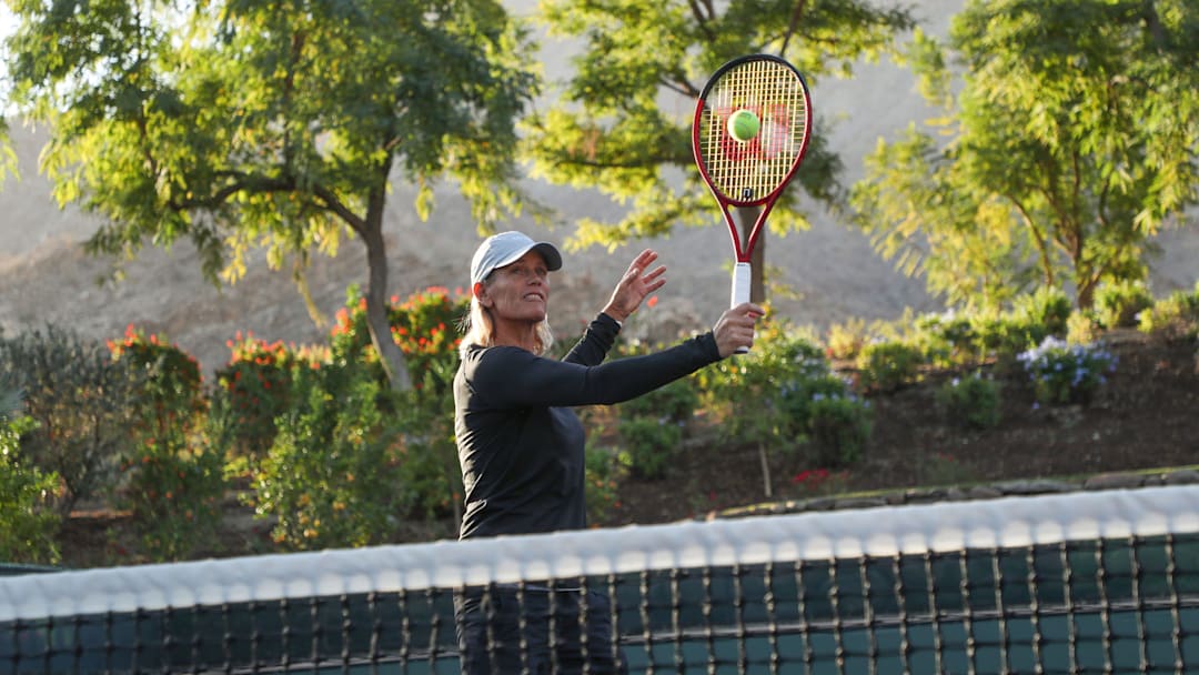 Director of tennis and former professional Caroline Vis gets in some early morning practice at Sensei Porcupine Creek in Rancho Mirage, Calif., Nov. 29, 2022.Sensai Porcupine Creek 