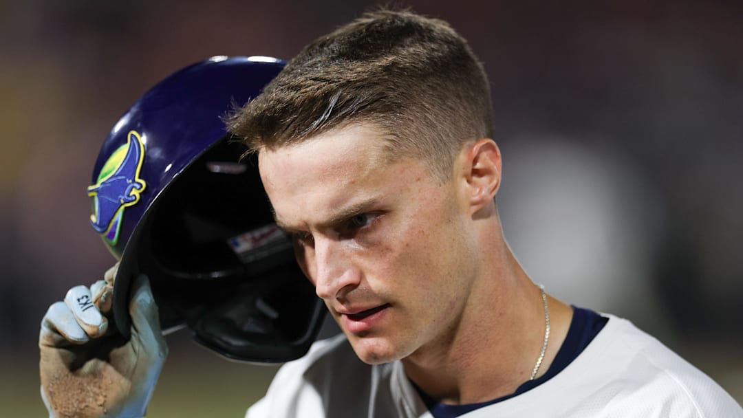 Sep 20, 2025; Tampa, Florida, USA; Tampa Bay Rays left fielder Jake Mangum (28) reacts after being caught in a run down against the Boston Red Sox in the eighth inning at George M. Steinbrenner Field. Mandatory Credit: Nathan Ray Seebeck-Imagn Images