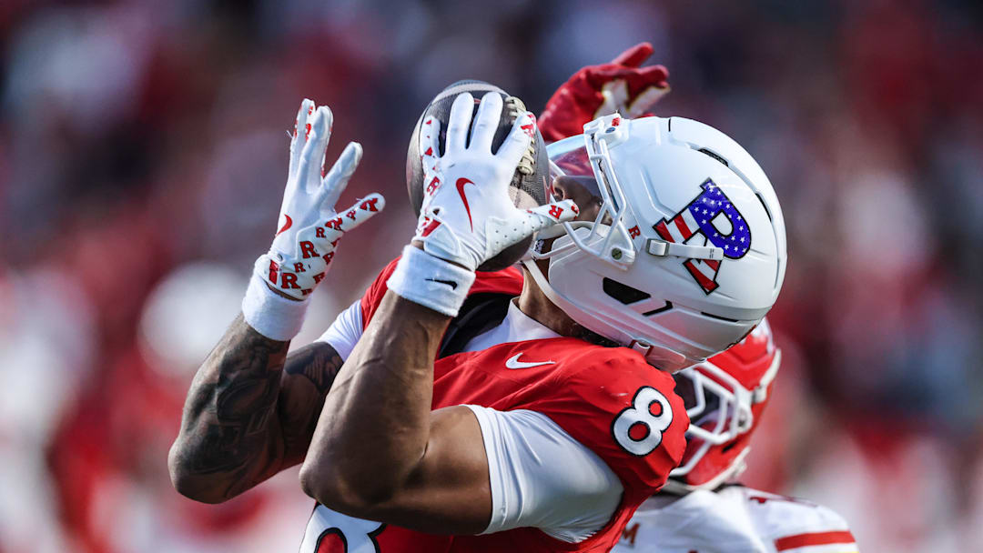 Nov 8, 2025; Piscataway, New Jersey, USA; Rutgers Scarlet Knights wide receiver Kj Duff (8) catches the ball during the second half against the Maryland Terrapins at SHI Stadium. Mandatory Credit: Vincent Carchietta-Imagn Images