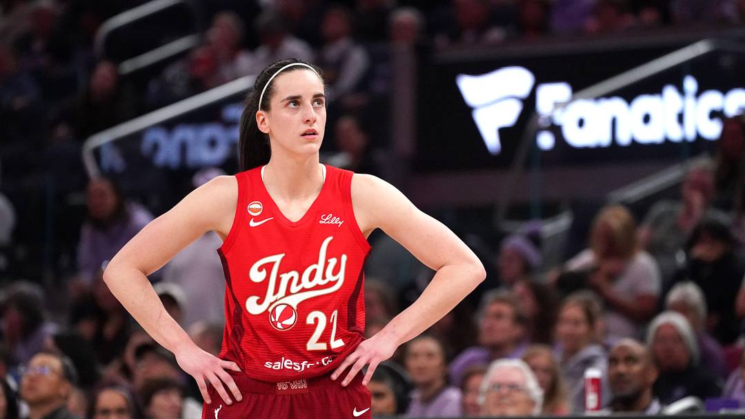 May 28, 2026; San Francisco, California, USA;  Indiana Fever guard Caitlin Clark (22) waits for play to resume against the Golden State Valkyries in the third quarter at Chase Center. Mandatory Credit: David Gonzales-Imagn Images