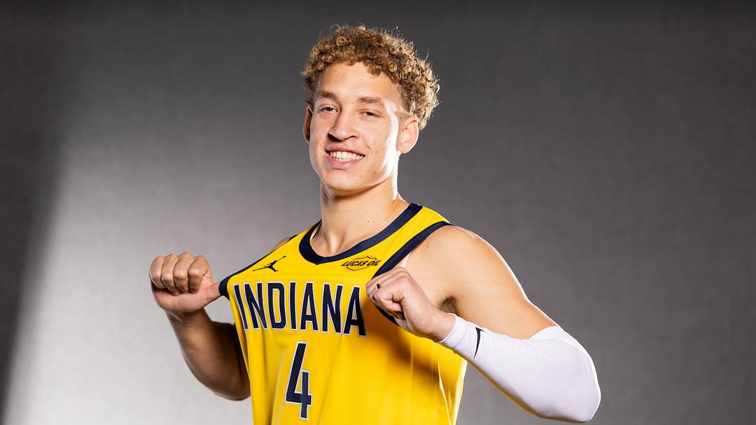 Sep 29, 2025; Indianapolis, IN, USA;  Indiana Pacers guard Taelon Peter (4) poses for a photo during media day. Mandatory Credit: Trevor Ruszkowski-Imagn Images