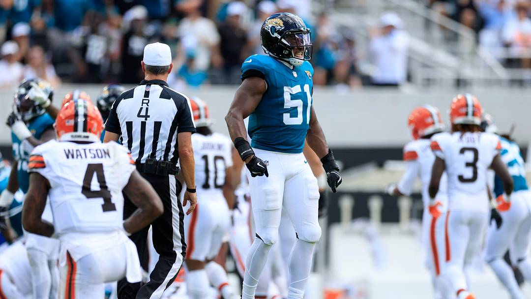 Jacksonville Jaguars linebacker Ventrell Miller (51) reacts to his forced fumble during the second quarter of an NFL football matchup at EverBank Stadium on Sunday, Sept. 13, 2026, in Jacksonville, Fla. The Jaguars defeated the Browns 34-10. [Corey Perrine/Florida Times-Union]