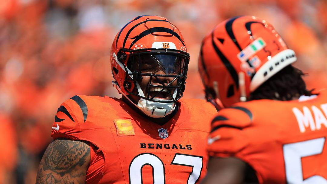 Sep 13, 2026; Cincinnati, Ohio, USA;  Cincinnati Bengals defensive tackle Dexter Lawrence II (97) reacts after recovering a fumble during the second quarter at Paycor Stadium.  Mandatory Credit: Katie Stratman-Imagn Images