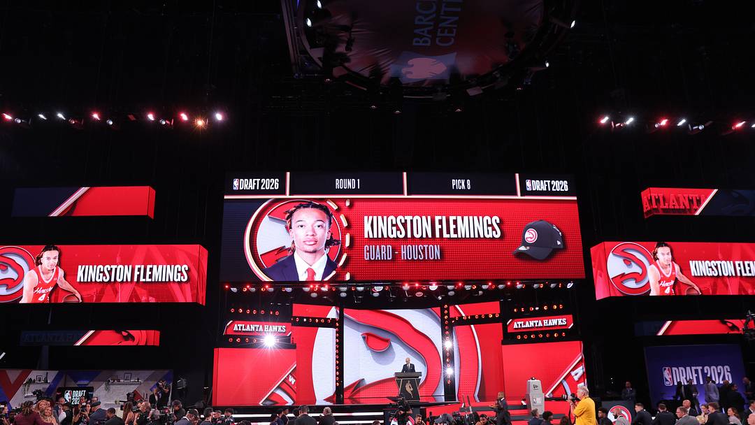 Jun 23, 2026; New York, NY, USA; NBA commissioner Adam Silver announces the eighth pick in the 2026 NBA draft, Houston guard Kingston Flemings after he was selected by the Atlanta Hawks at Barclays Center. Mandatory Credit: Brad Penner-Imagn Images