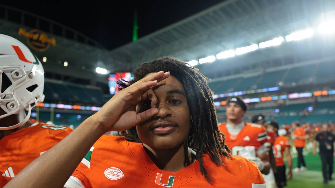 Sep 10, 2026; Miami Gardens, Florida, USA;  Miami Hurricanes wide receiver Daylyn Upshaw (7) reacts after defeating the Florida A&M Rattlers at Hard Rock Stadium.  Mandatory Credit: Sam Navarro-Imagn Images
