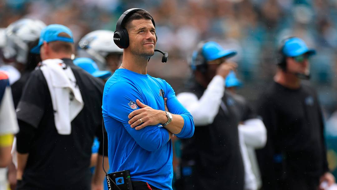 Carolina Panthers head coach Dave Canales looks on during the second quarter of an NFL football matchup at EverBank Stadium, \in Jacksonville, Fla. [Corey Perrine/Florida Times-Union]