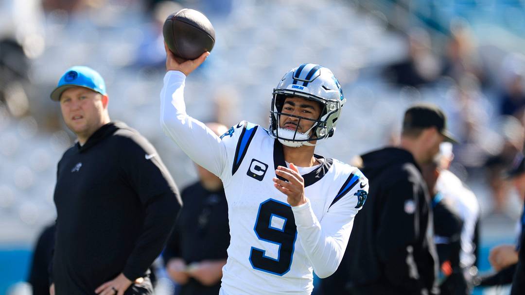 Carolina Panthers quarterback Bryce Young (9) warms up before a regular season NFL football matchup Sunday, 