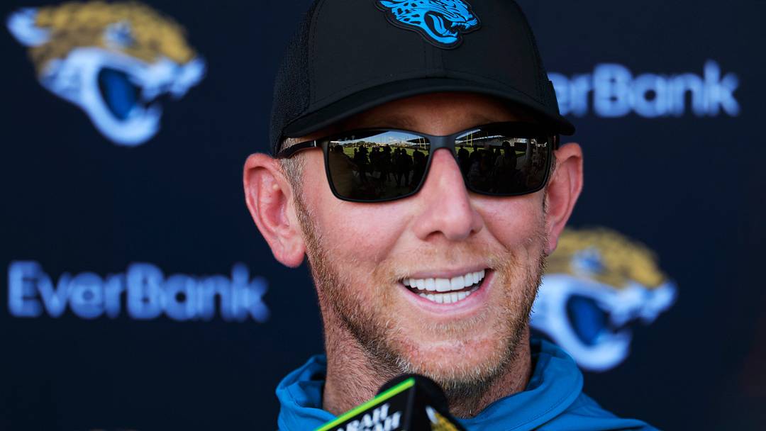 Jacksonville Jaguars head coach Liam Coen answers questions from the media after Day 11 of NFL training camp at the Miller Electric Center on Tuesday, Aug. 11, 2026, in Jacksonville, Fla.