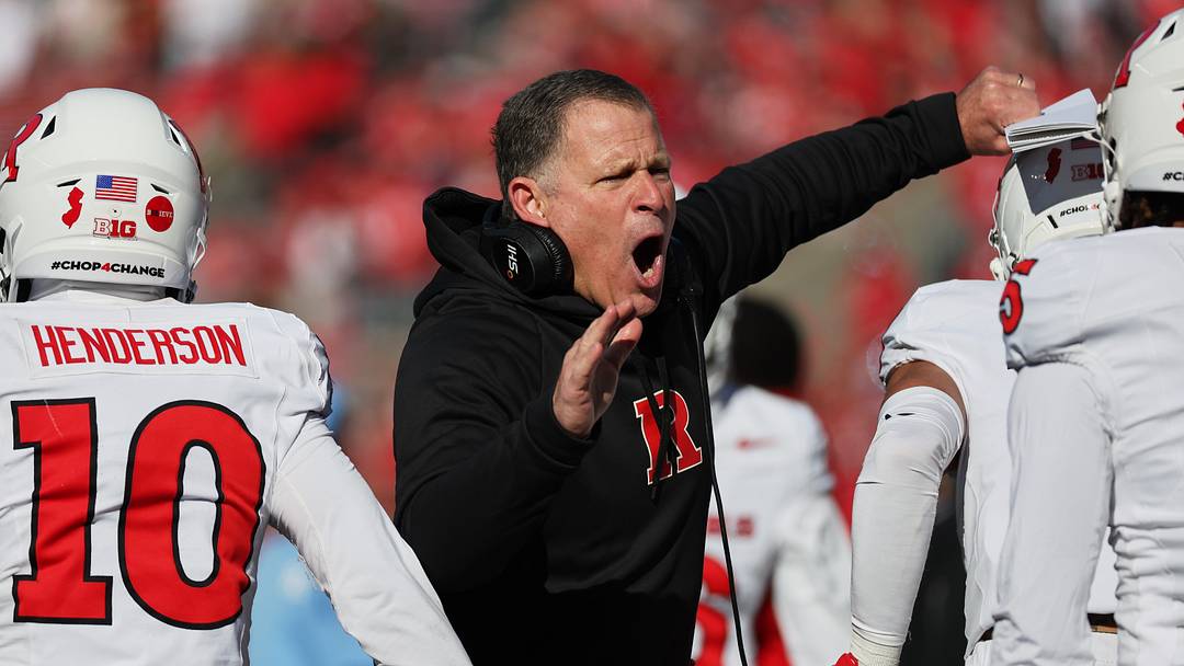 Nov 22, 2025; Columbus, Ohio, USA; Rutgers Scarlet Knights head coach Greg Schiano celebrates with the Rutgers defense against the Ohio State Buckeyes during the second quarter at Ohio Stadium. Mandatory Credit: Joseph Maiorana-Imagn Images Nov 22, 2025; Columbus, Ohio, USA; Rutgers Scarlet Knights head coach Greg Schiano celebrates with the Rutgers defense against the Ohio State Buckeyes during the second quarter at Ohio Stadium. Mandatory Credit: Joseph Maiorana-Imagn Images