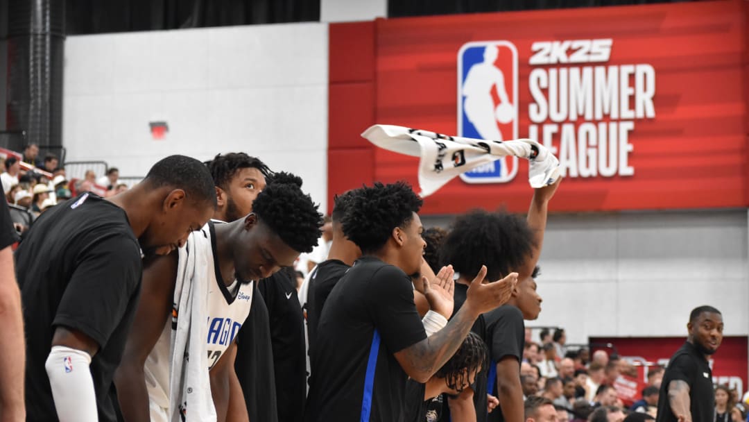 The Orlando Magic bench reacts to a late game call resulting in a technical foul versus the Cleveland Cavaliers during their first NBA Summer League game 