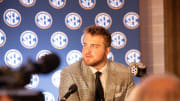 Jul 18, 2024; Dallas, TX, USA; Texas A&M offensive lineman Trey Zuhn III speaks to the media at Omni Dallas Hotel. Mandatory Credit: Brett Patzke-USA TODAY Sports