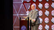 Jul 18, 2024; Dallas, TX, USA; Texas A&M head coach Mike Elko speaking at Omni Dallas Hotel. Mandatory Credit: Brett Patzke-USA TODAY Sports