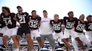 Sep 7, 2024; College Station, Texas, USA; Texas A&M Aggies head coach Mike Elko celebrates a 52-10 win against the McNeese State Cowboys at Kyle Field. Credit: Dustin Safranek-Imagn Images