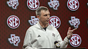 Oct 15, 2025; Birmingham, AL, USA; Texas A&M Aggies head coach Bucky McMillan talks with the media during SEC Media Days at Grand Bohemian Hotel. Mandatory Credit: Vasha Hunt-Imagn Images