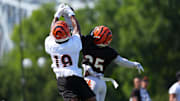 Jul 25, 2025; Cincinnati, OH, USA; Cincinnati Bengals cornerback Jalen Davis (35) breaks up a pass intended for Cincinnati Bengals wide receiver Kendric Pryor (19) during training camp practice. Mandatory Credit: Kareem Elgazzar-Imagn Images