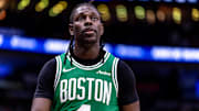 Jan 31, 2025; New Orleans, Louisiana, USA;  Boston Celtics guard Jrue Holiday (4) looks on against the New Orleans Pelicans during the first half at Smoothie King Center. Mandatory Credit: Stephen Lew-Imagn Images