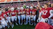 Nov 16, 2024; Stanford, California, USA;  Stanford celebrates their win against the Louisville Cardinals at Stanford Stadium. Mandatory Credit: Bob Kupbens-Imagn Images
