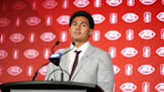 Jul 22, 2025; Charlotte, NC, USA; Stanford offensive lineman Tevarua Tafiti answers questions from the media during ACC Media Days at Hilton Charlotte Uptown. Mandatory Credit: Jim Dedmon-Imagn Images