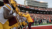 Nov 29, 2024; Madison, Wisconsin, USA; Minnesota head coach P.J. Fleck is shown with his team before their game at Camp Randall Stadium. Mandatory Credit: Mark Hoffman/USA TODAY Network via Imagn Images