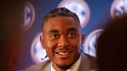 Arkansas Razorbacks quarterback Taylen Green speaking at Omni Dallas Hotel at the 2024 SEC Football Kickoff in Dallas.