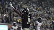 Aug 29, 2024; Winston-Salem, North Carolina, USA;  Wake Forest Demon Deacons wide receiver Donavon Greene (11) celebrates a score against the North Carolina A&T Aggies during the second half at Allegacy Federal Credit Union Stadium. Mandatory Credit: Jim Dedmon-Imagn Images