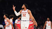 Nov 3, 2025; New York, New York, USA; New York Knicks center Karl-Anthony Towns (32) reacts during the first half against the Washington Wizards at Madison Square Garden. Mandatory Credit: Lucas Boland-Imagn Images