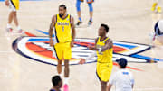 Jun 22, 2025; Oklahoma City, Oklahoma, USA; Indiana Pacers guard Bennedict Mathurin (00) reacts during the first half of game seven of the 2025 NBA Finals against the Oklahoma City Thunder at Paycom Center. Mandatory Credit: Alonzo Adams-Imagn Images