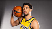 Sep 29, 2025; Indianapolis, IN, USA;  Indiana Pacers guard Tyrese Haliburton (0) poses for a photo during media day. Mandatory Credit: Trevor Ruszkowski-Imagn Images